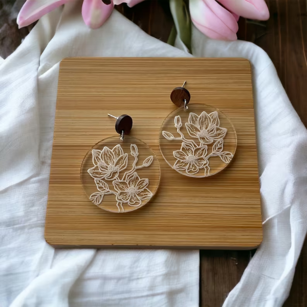 Laser Engraved Clear Acrylic Earrings with Magnolia Flower Design