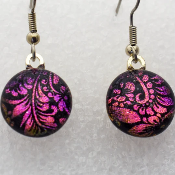 Laser Etched Feathery Dark Pink Plume Pattern Dangle Earrings