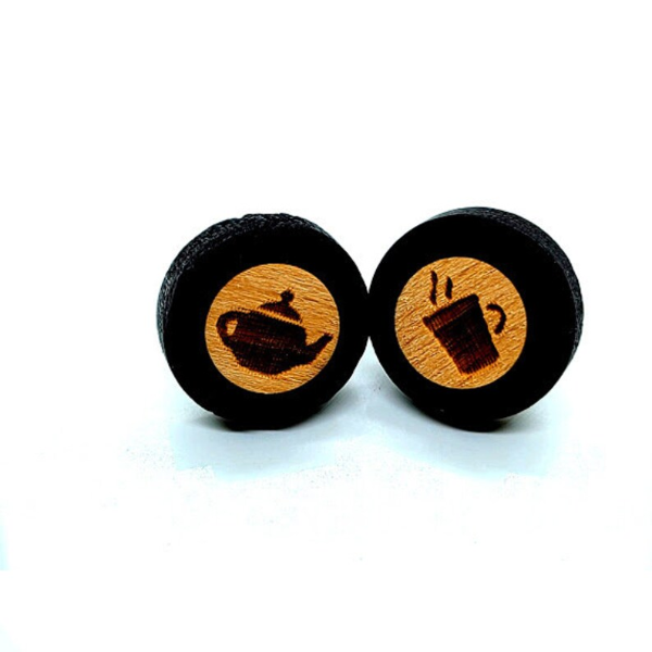 Laser Etched Wood Post Stud Earrings Coffee and Tea